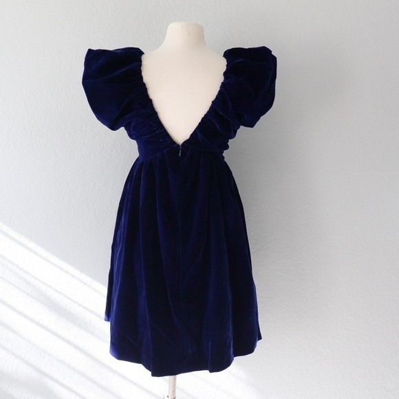 Endless Rose Women Small Navy Blue Velvet Ruffle V Neck Bow Mini Babydoll Dress - Picture 2 of 10